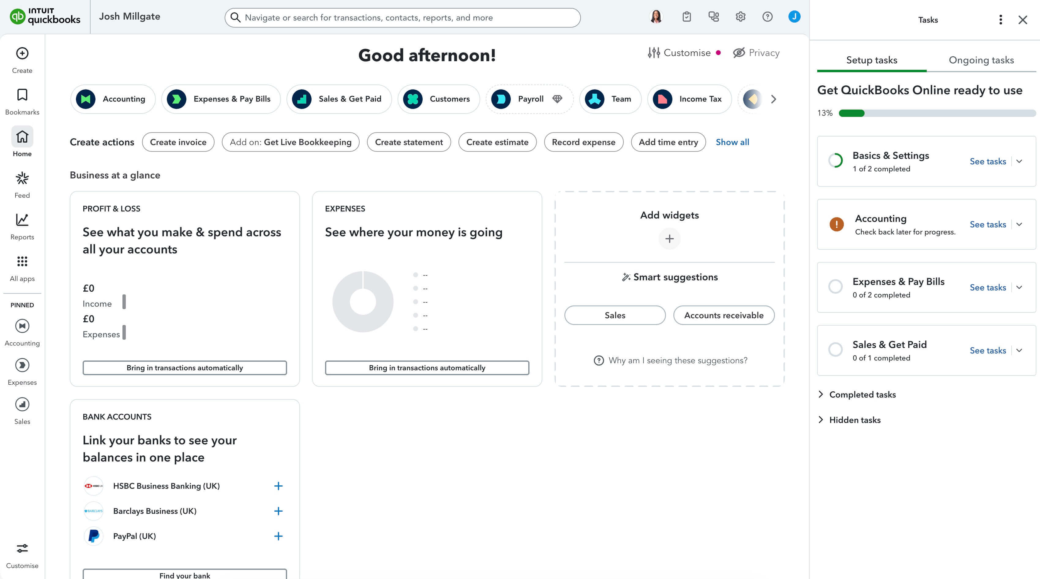 QuickBooks dashboard showing setup tasks, widget suggestions, smart suggestions, bank account prompts, and multiple navigation panels