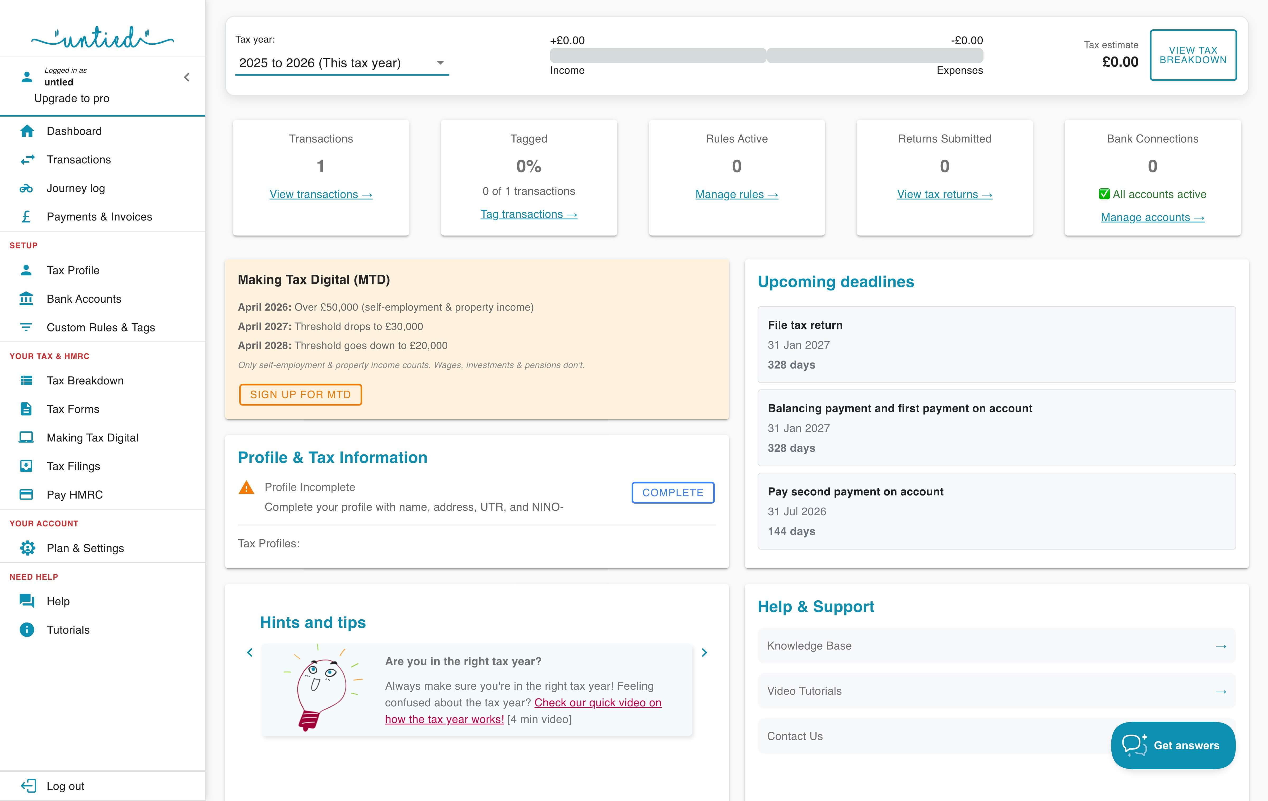 Untied dashboard showing transaction counts, tagging percentages, MTD information panels, profile warnings, upcoming deadlines, and hints